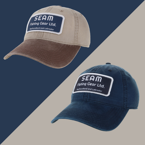 Two baseball caps with 'SEAM Fishing Gear Ltd.' logo on a two-tone background (global)