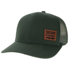 Green fishing cap with a brown patch labeled 'Seam Fishing' (global)
