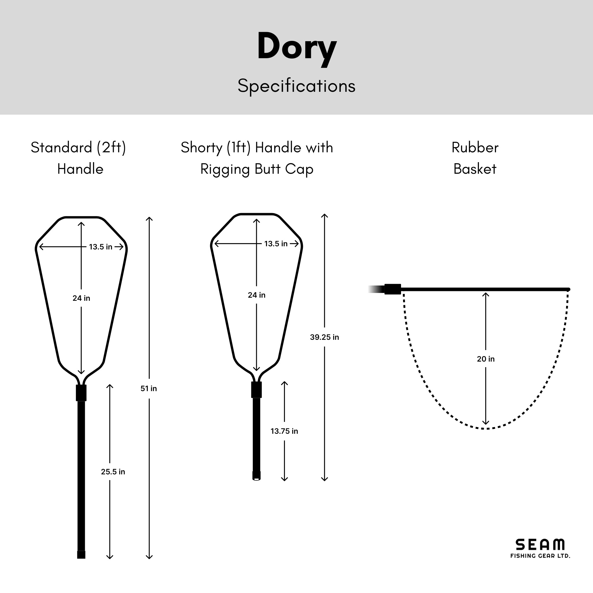 Technical specifications of a fishing net with measurements and SEAM branding (global).