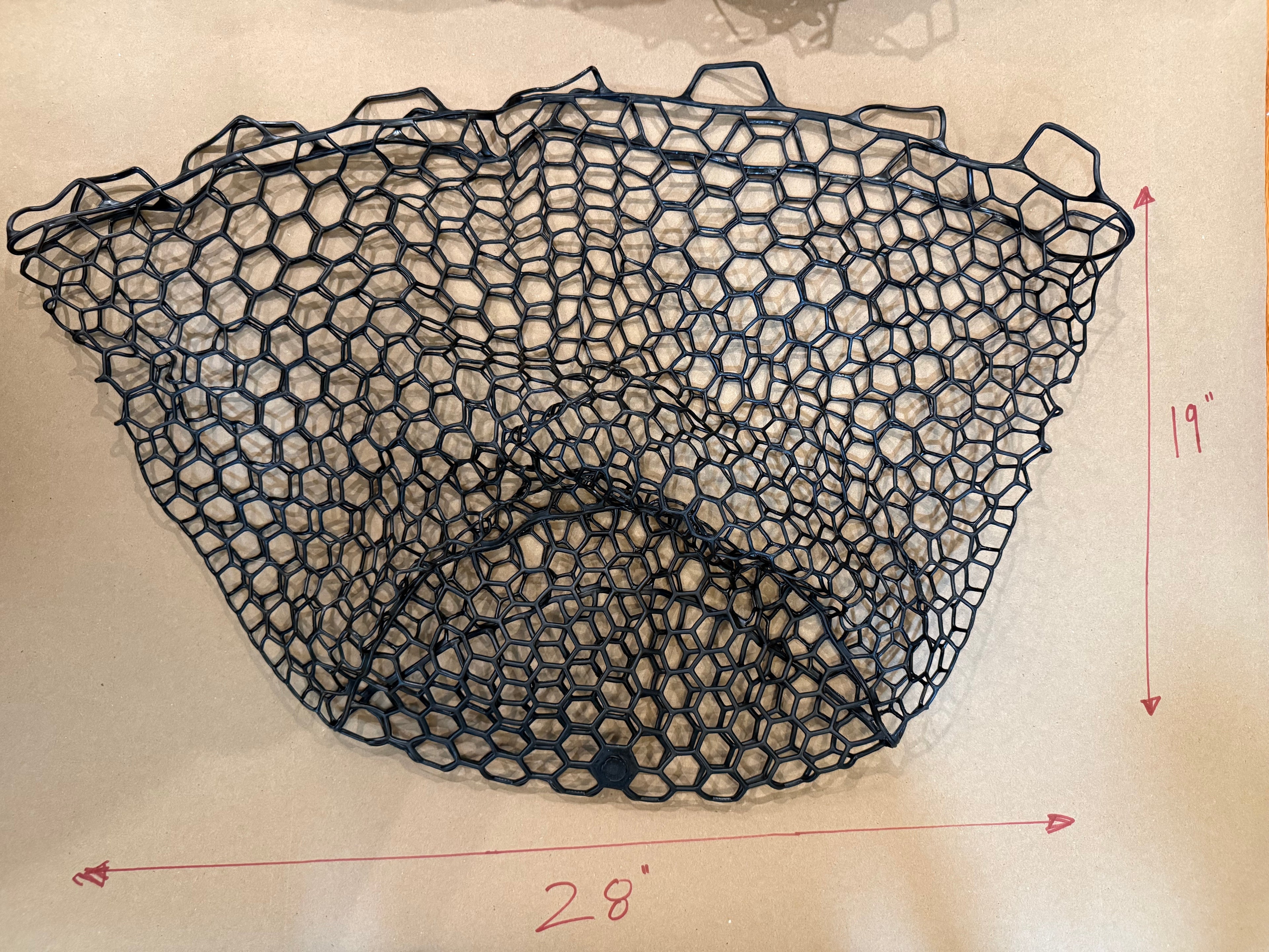 Rubber Hexagonal mesh structure with dimensions marked on a beige background (global)