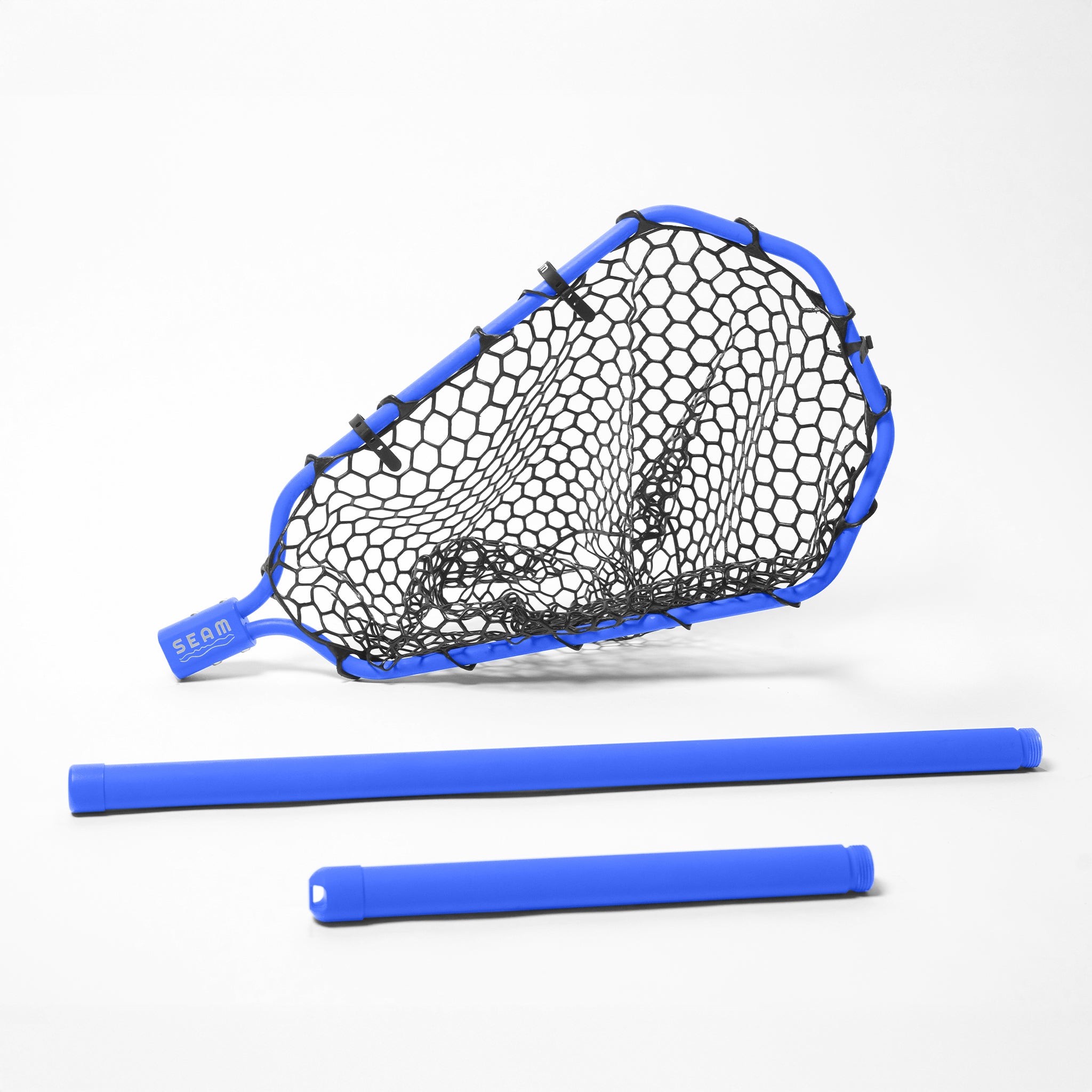 Blue fishing net with two blue handles on a white background